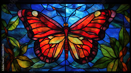 a beautiful butterfly stained glass window. Vibrant colors. Modern design. AI generated image.