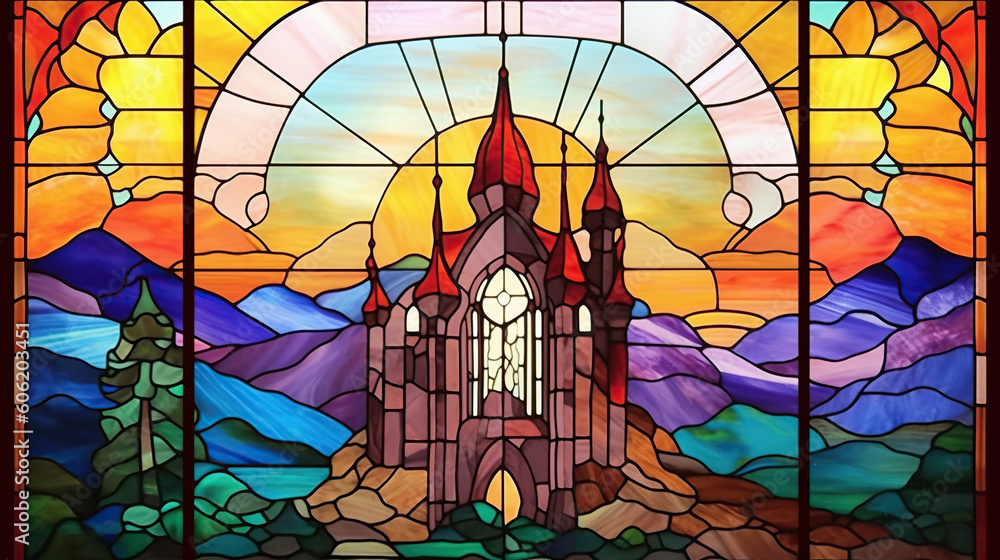 a beautiful stained glass window of a mountain castle. Vibrant colors. Modern design. AI generated image. a beautiful stained glass window of a mountain castle. Vibrant colors. Modern design. AI generated image.