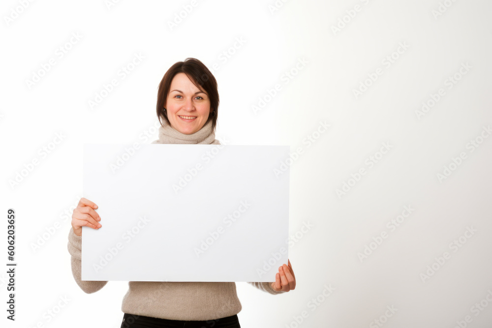 Young woman holding a blank sheet of paper, isolated on white background Young woman holding a blank sheet of paper, isolated on white background