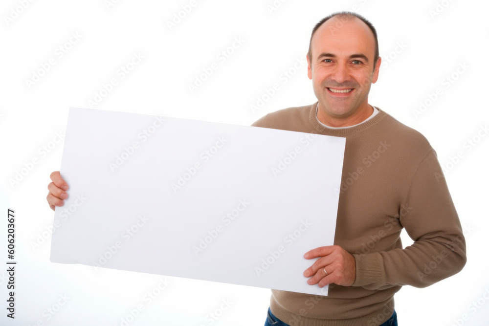 Smiling middle-aged man holding a blank white sheet of paper Smiling middle-aged man holding a blank white sheet of paper