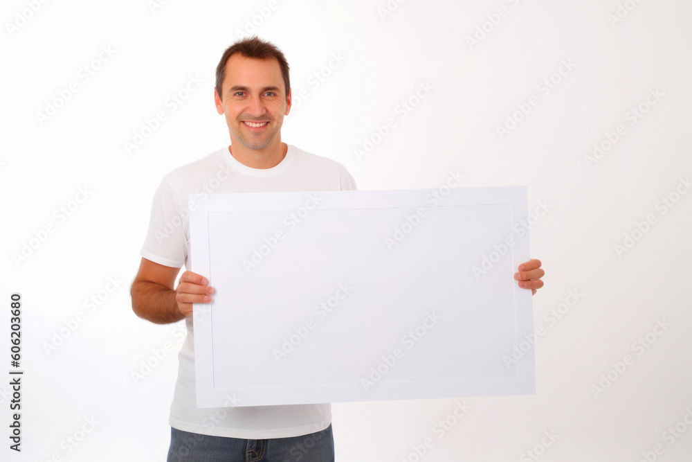 Handsome young man holding a blank sheet of paper, isolated on white background Handsome young man holding a blank sheet of paper, isolated on white background