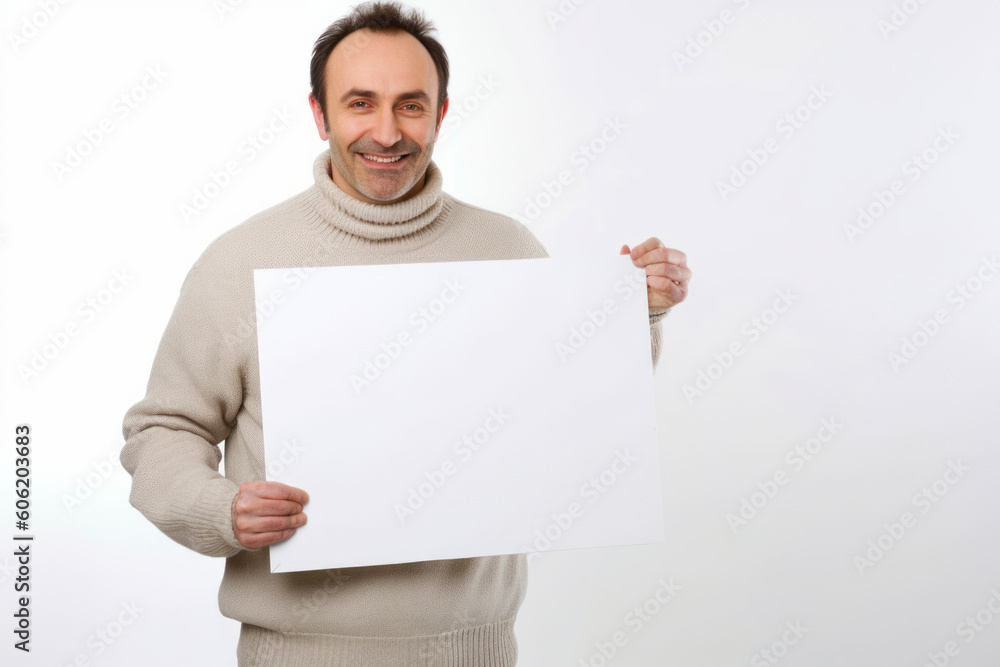 Handsome middle-aged man holding a blank sheet of paper Handsome middle-aged man holding a blank sheet of paper