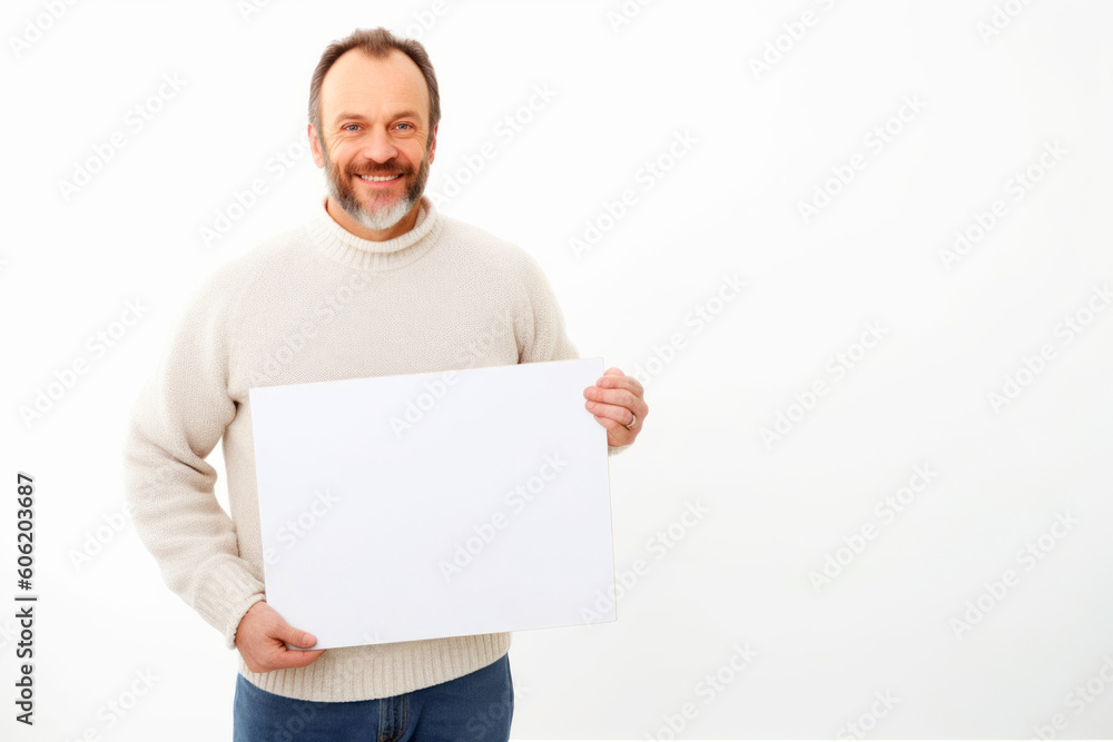 Smiling mature man holding a blank sheet of paper over white background Smiling mature man holding a blank sheet of paper over white background