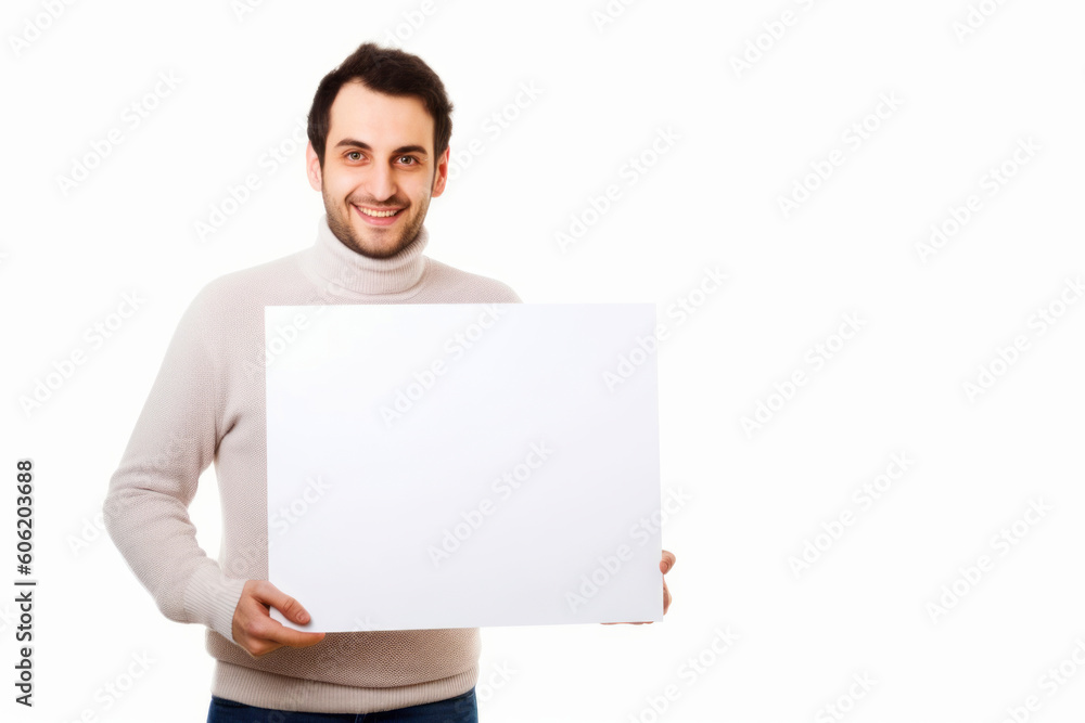 Young man holding a blank white sheet of paper isolated on white background