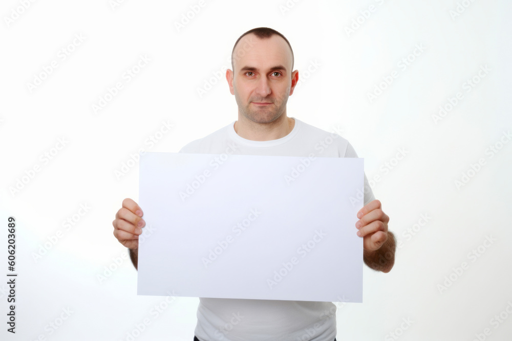 Young man holding blank sheet of paper, isolated on white background. Young man holding blank sheet of paper, isolated on white background.