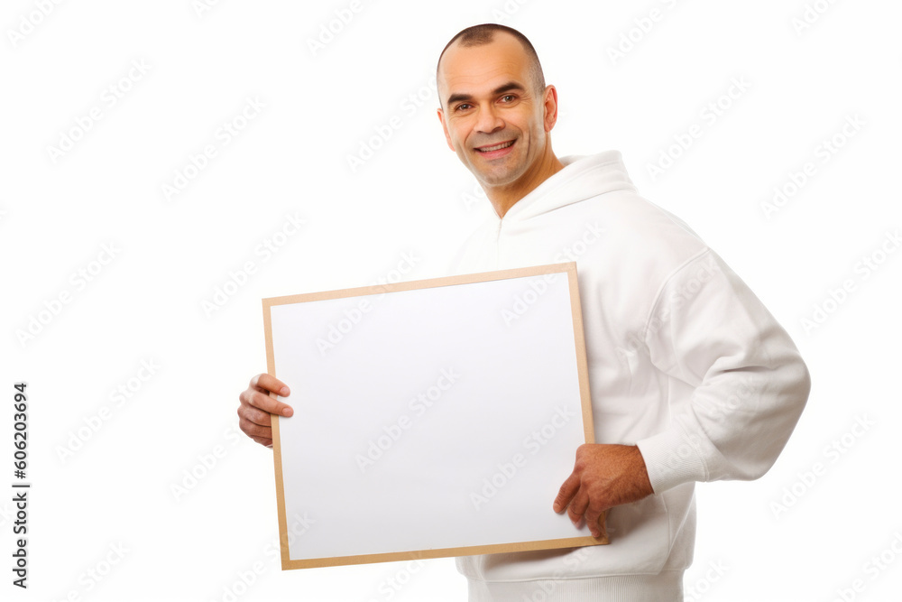 smiling man holding a white board isolated on a white background. smiling man holding a white board isolated on a white background.