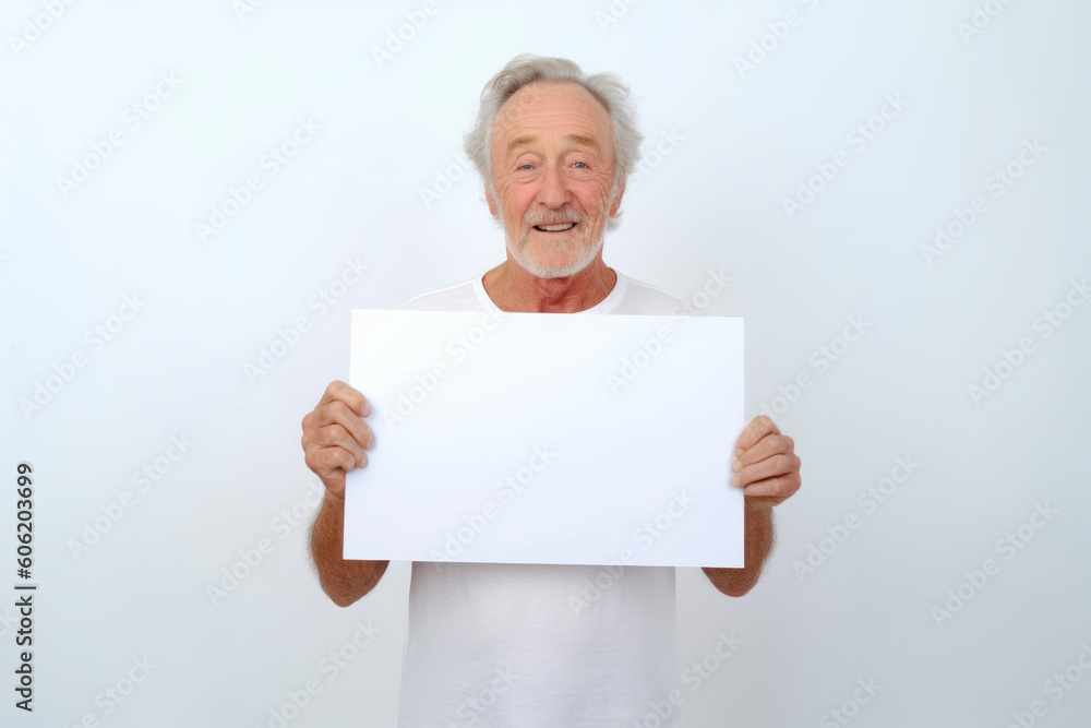 Elderly man holding a blank sheet of paper on a white background Elderly man holding a blank sheet of paper on a white background