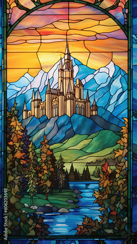 a beautiful stained glass window of a mountain castle. Vibrant colors. Modern design. AI generated image.