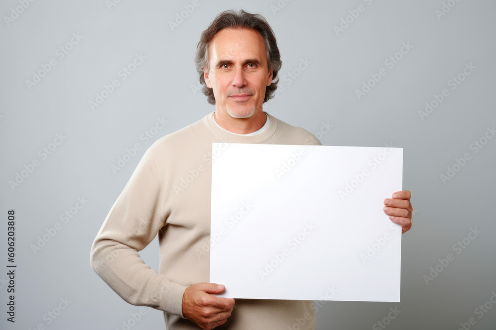 Handsome middle-aged man holding a blank sheet of paper Handsome middle-aged man holding a blank sheet of paper
