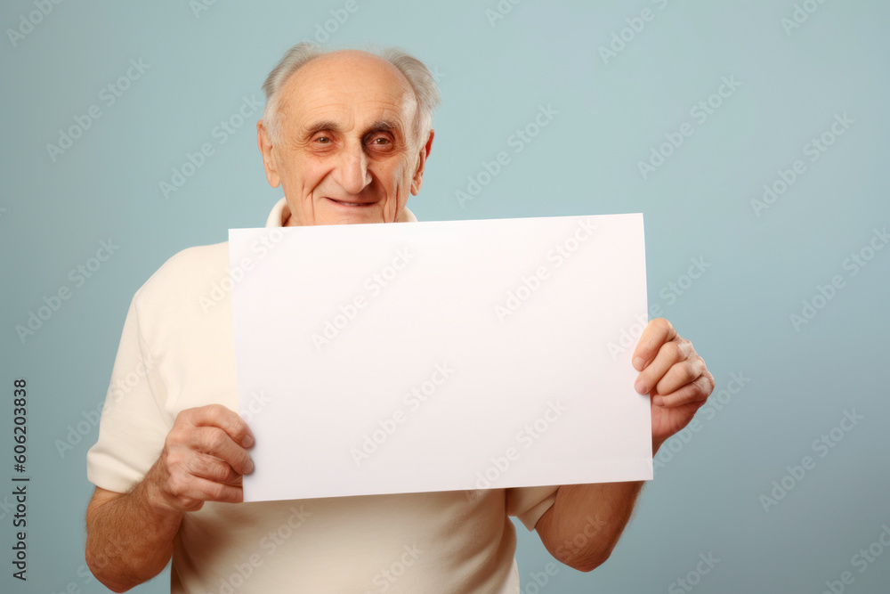 Happy senior man holding a blank sheet of paper on a blue background Happy senior man holding a blank sheet of paper on a blue background