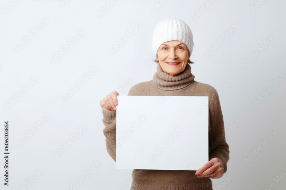 Senior woman in winter clothes holding a white sheet of paper on a white background Senior woman in winter clothes holding a white sheet of paper on a white background