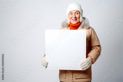 Happy senior woman in winter clothes holding a white sheet of paper.