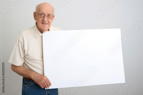 Portrait of senior man holding blank sheet of paper against white background