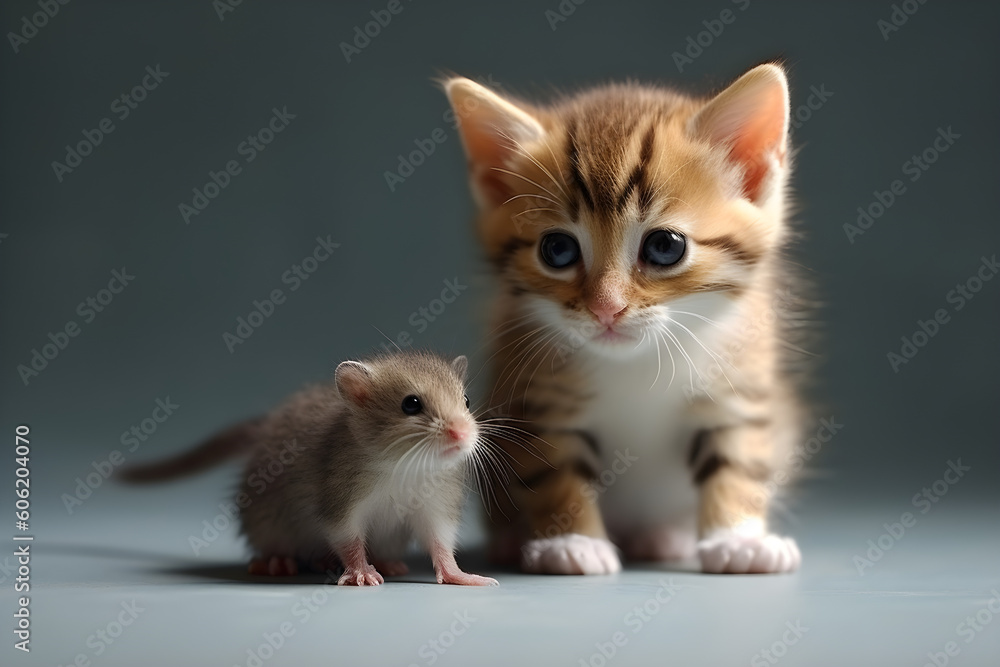 Cute tabby kitten and mouse portrait studio shot