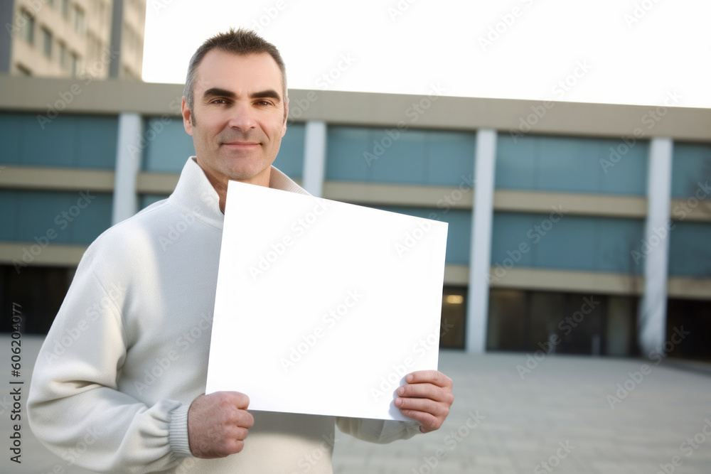 Mature man holding a blank sheet of paper in the city. Mature man holding a blank sheet of paper in the city.