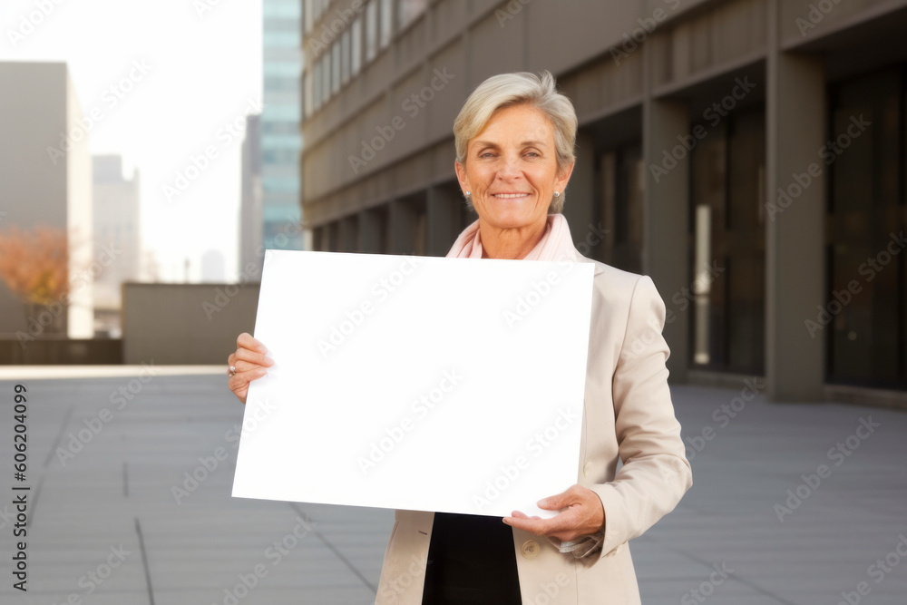 senior businesswoman with white blank board in front of office building senior businesswoman with white blank board in front of office building
