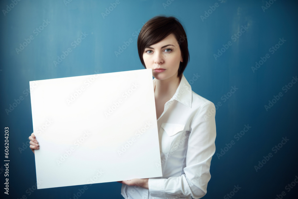 Young businesswoman holding blank white sheet of paper on a blue background Young businesswoman holding blank white sheet of paper on a blue background
