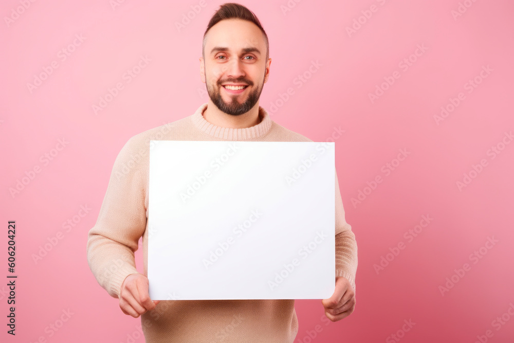 Portrait of a happy young man holding blank sheet of paper isolated over pink background Portrait of a happy young man holding blank sheet of paper isolated over pink background