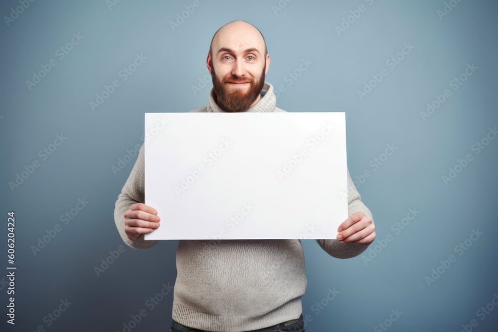 Portrait of a handsome bearded man in a gray sweater holding a white sheet of paper. Portrait of a handsome bearded man in a gray sweater holding a white sheet of paper.