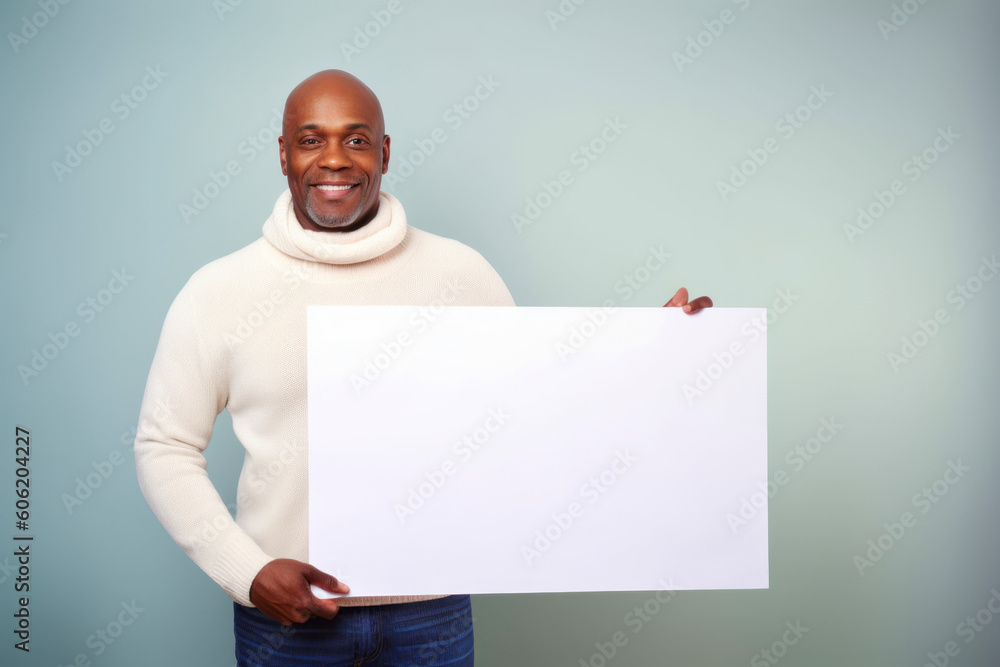 Happy african american man holding a white sheet of paper. Happy african american man holding a white sheet of paper.