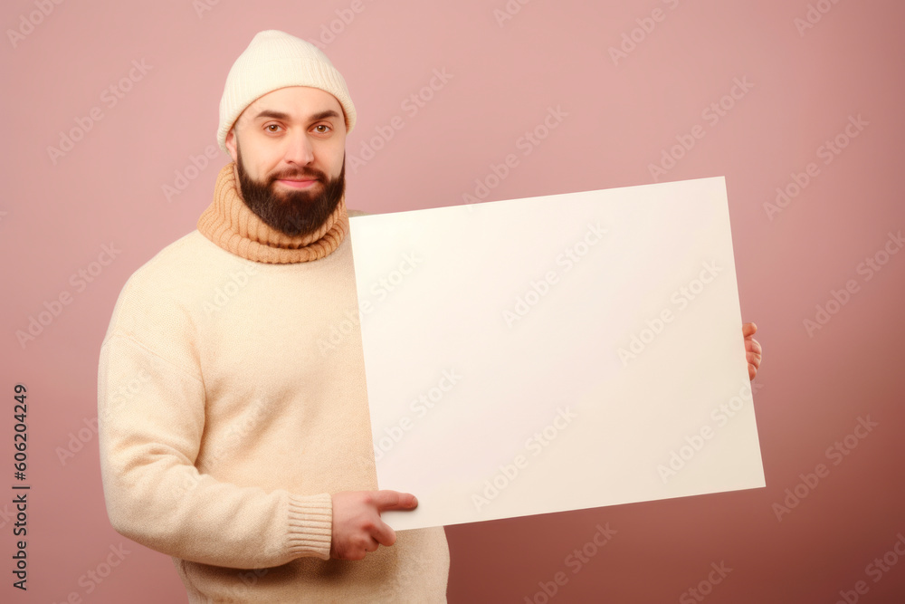 Man in winter hat and sweater holding white sheet of paper on pink background Man in winter hat and sweater holding white sheet of paper on pink background