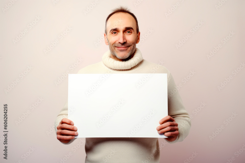 Portrait of a middle-aged man in a sweater holding a white sheet of paper Portrait of a middle-aged man in a sweater holding a white sheet of paper
