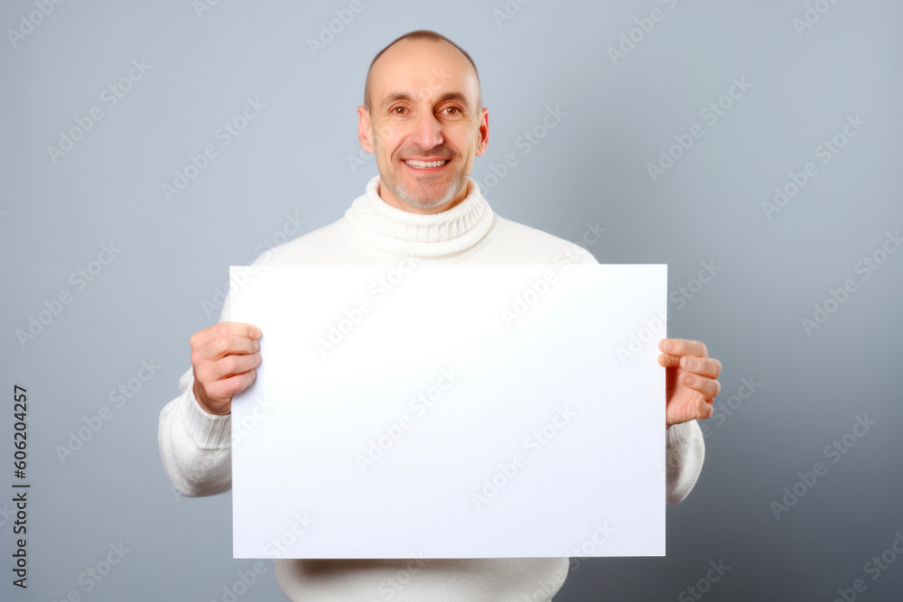 Portrait of a smiling man holding blank sheet of paper on grey background Portrait of a smiling man holding blank sheet of paper on grey background