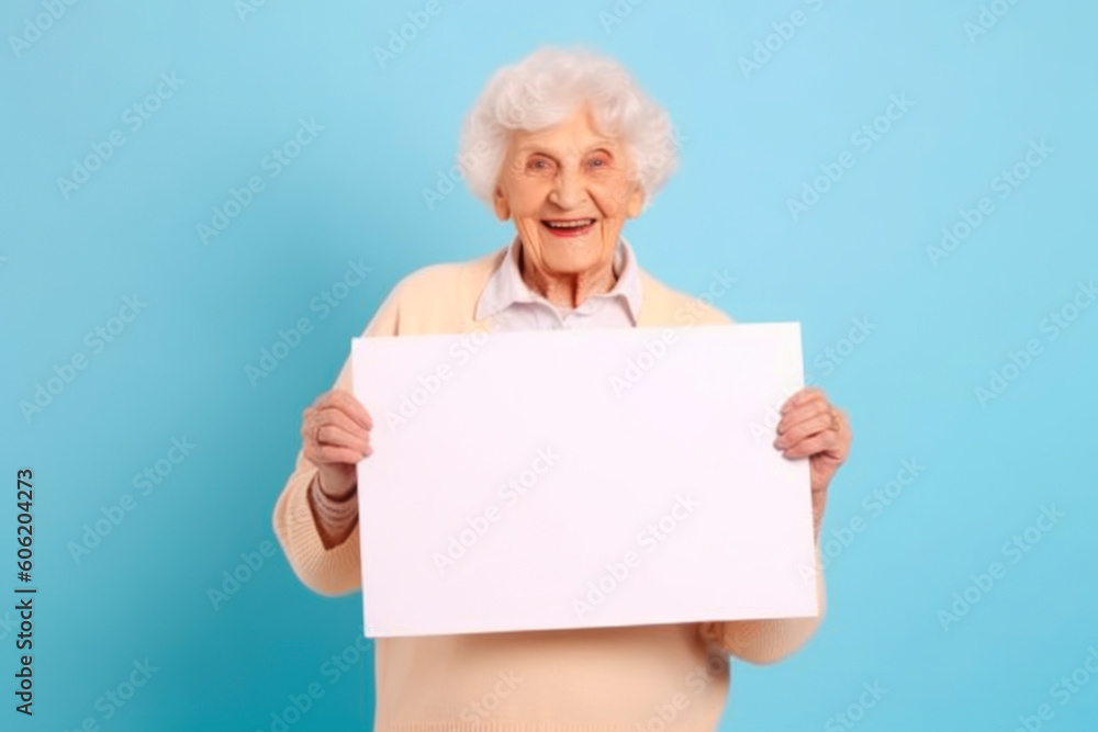 Elderly woman holding a blank sheet of paper on a blue background Elderly woman holding a blank sheet of paper on a blue background