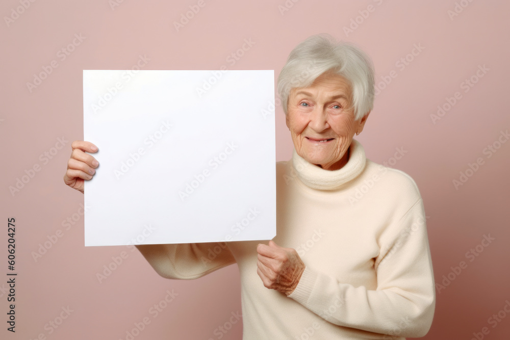 Elderly woman holding a blank sheet of paper on a pink background Elderly woman holding a blank sheet of paper on a pink background