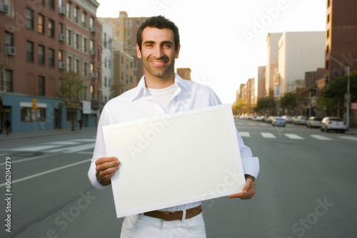 Handsome young man holding a blank white board in the city