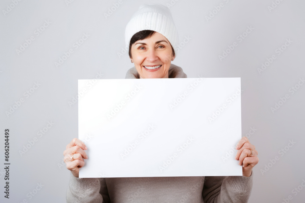 Smiling woman in winter hat holding white blank card on grey background Smiling woman in winter hat holding white blank card on grey background