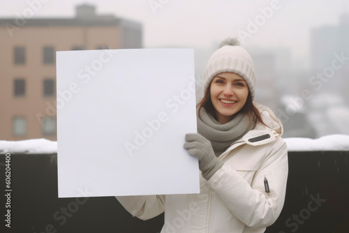 Young woman holding a white sheet of paper on the background of the winter city