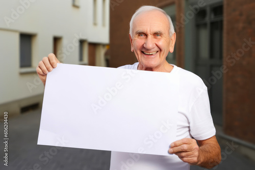Smiling senior man holding a blank sheet of paper in the street