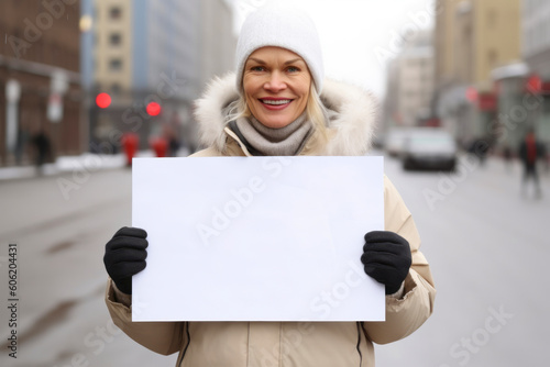 Portrait of happy woman in winter clothes holding blank sheet of paper