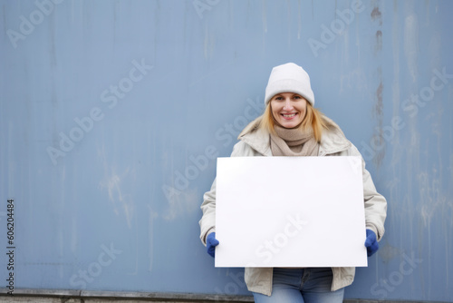Portrait of a young woman holding a blank sheet of paper outdoors
