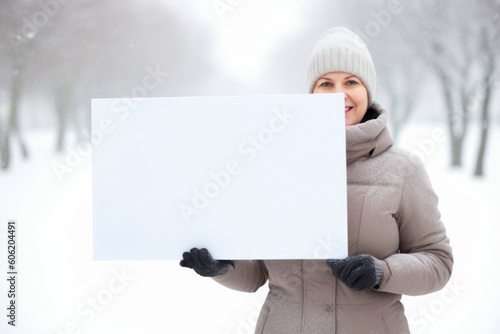 winter, people, advertisement and sale concept - happy young woman in winter clothes with blank white board