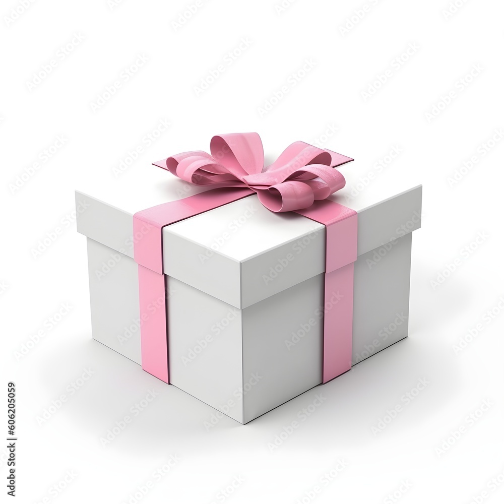 Obraz premium white gift box with pink ribbon on white background