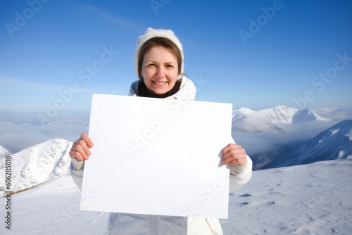 Young woman with white sheet of paper in snowy mountains on background of blue sky
