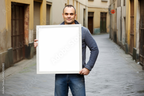 Portrait of young man holding blank whiteboard on the street.