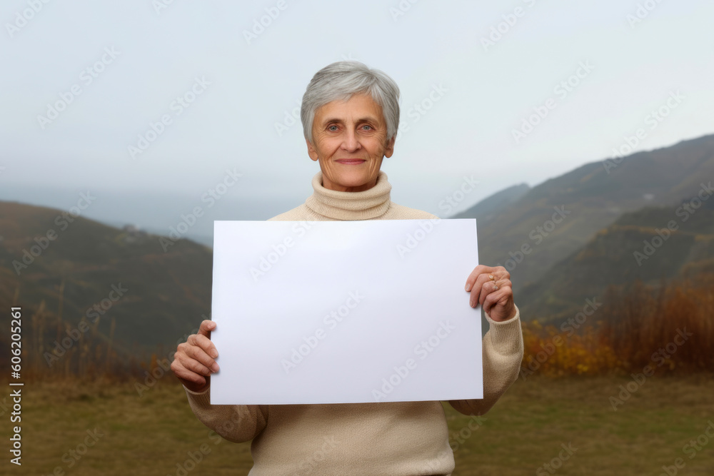 Portrait of senior woman holding a blank sheet of paper in autumn Portrait of senior woman holding a blank sheet of paper in autumn