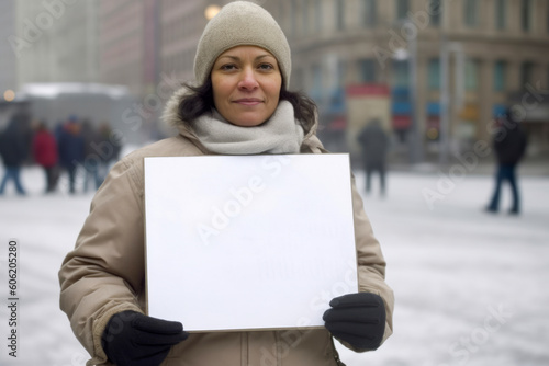 Portrait of a young woman holding a white sheet of paper on the background of the street