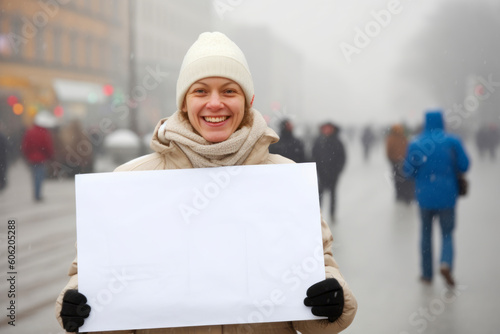 Happy young woman with blank sheet of paper on city street in winter
