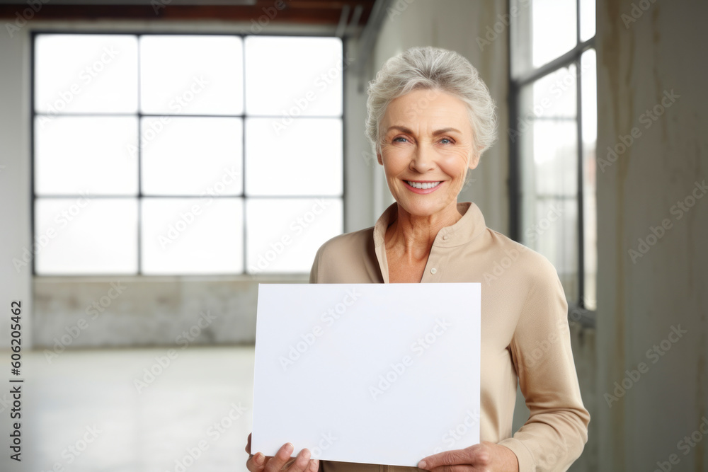smiling senior woman with white blank sheet of paper at home or office smiling senior woman with white blank sheet of paper at home or office