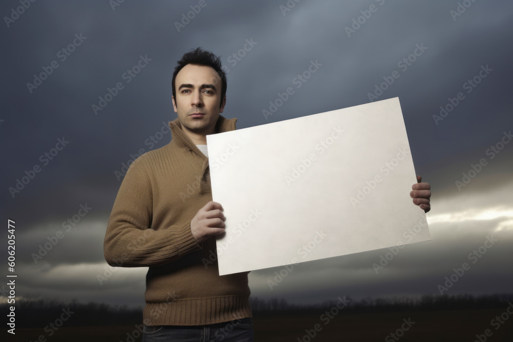Young man holding a blank sheet of paper in front of a stormy sky Young man holding a blank sheet of paper in front of a stormy sky