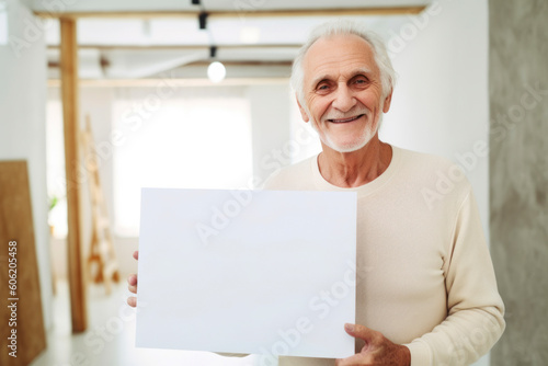 Portrait of cheerful senior man holding blank sheet of paper at home
