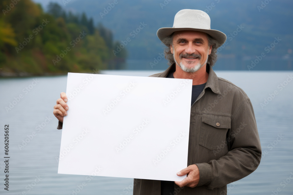 Senior man holding a blank white sheet of paper on a lake background Senior man holding a blank white sheet of paper on a lake background