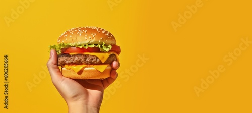 Hand holding hamburger on yellow background with copy space, Generative AI