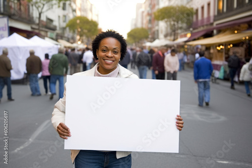 Portrait of happy african american woman holding blank sign in city