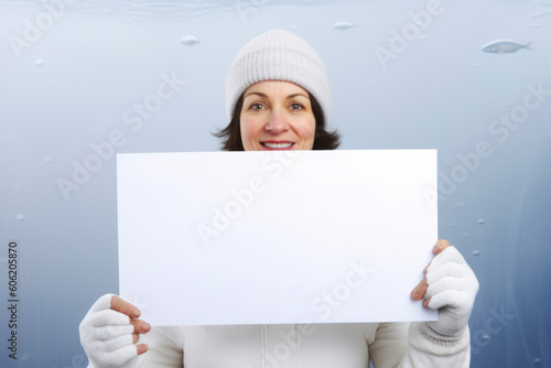 Smiling woman holding a blank sheet of paper on a frozen window
