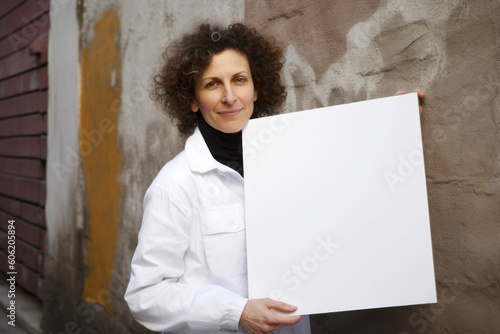 Portrait of a female doctor holding a white sheet of paper.